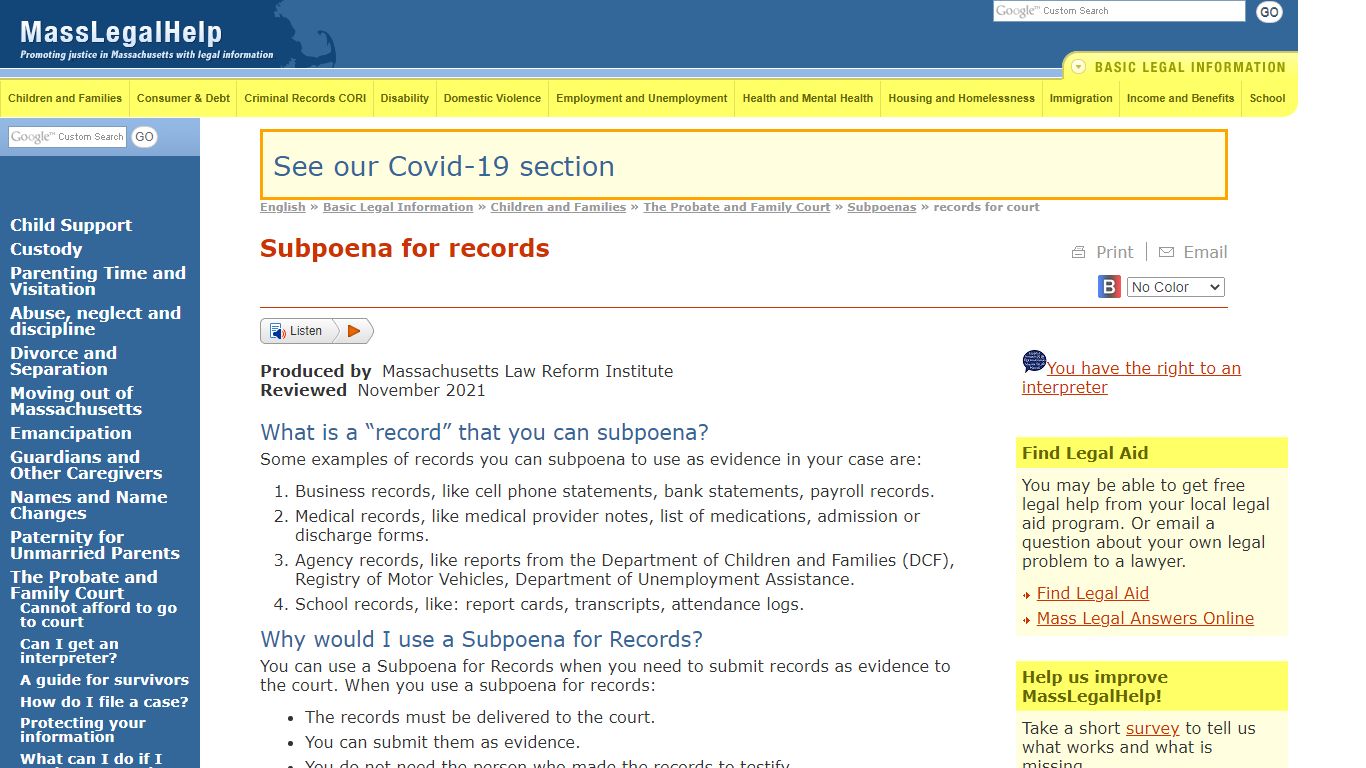 Subpoena for records | MassLegalHelp
